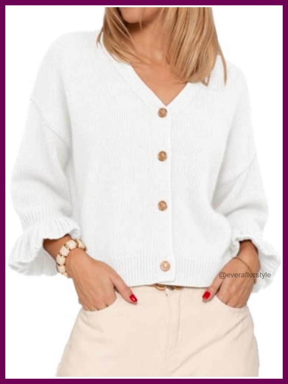 Women's Cropped Cardigan Sweater 3/4 Puff Sleeve Knit Coat Open Front V-Neck